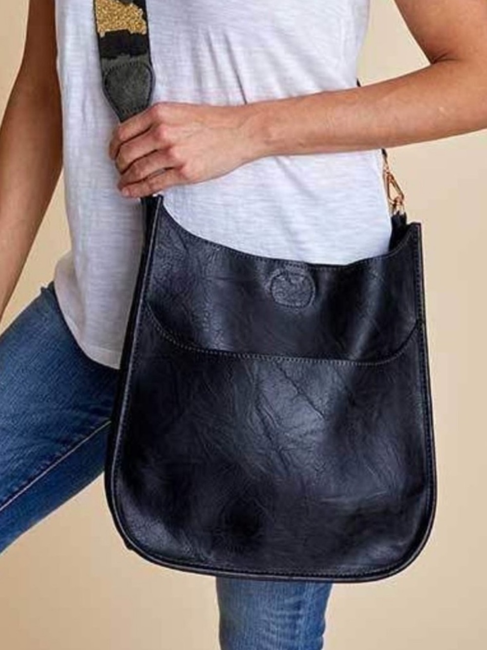Ahdorned Black Vegan Crossbody Bag with Glitter Camo Strap